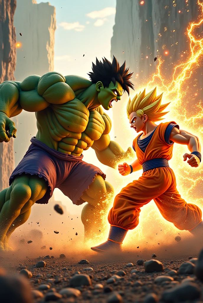 Goku ultra instinct vs hulk square ai image, both angry in battlefield with fire around them