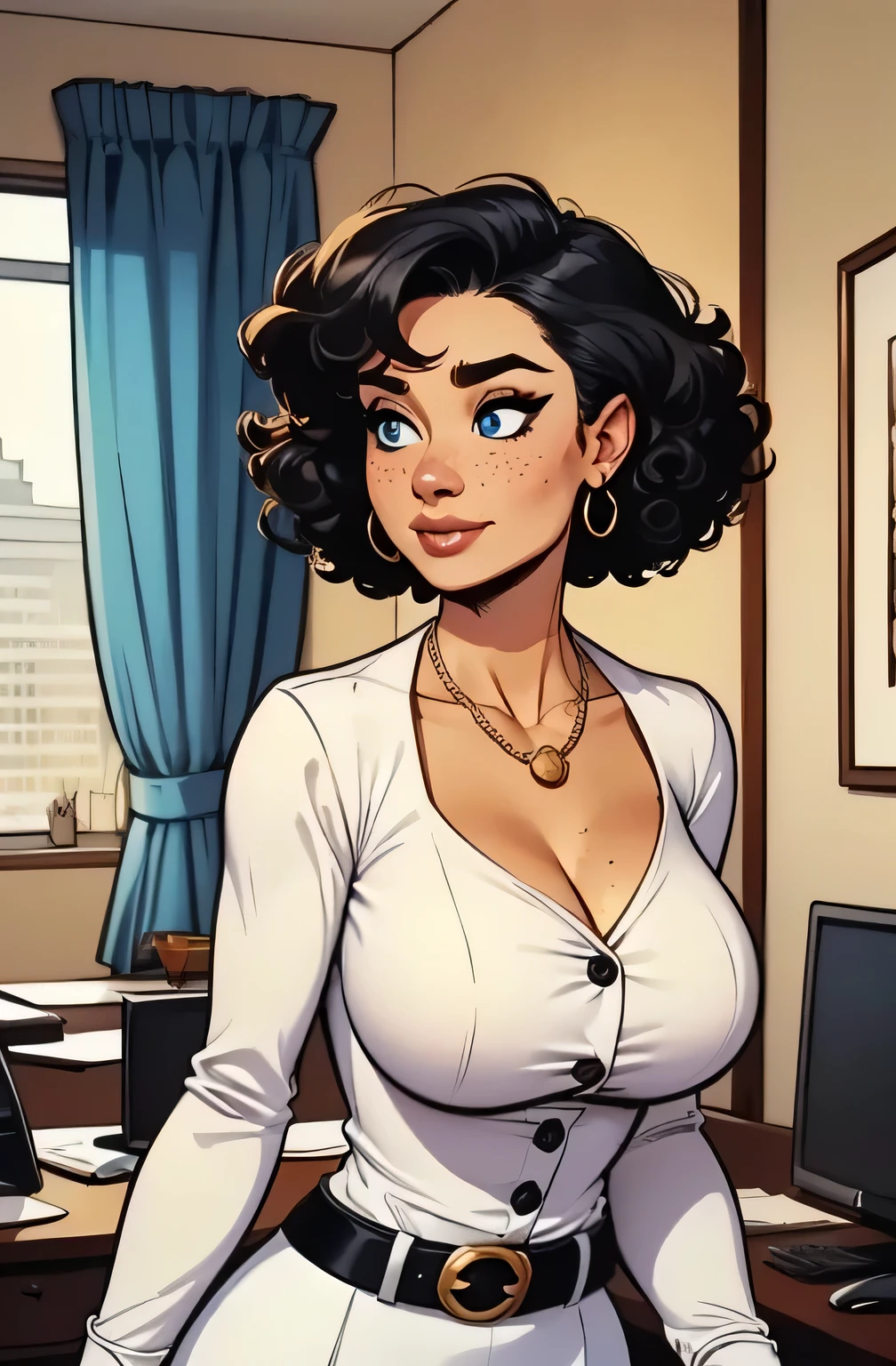 (absurd lines, HD, Ultra Delicate,  be careful with your hand) Close-up of an athletic woman, Skinny and busty, 25 years, 8k (high definition), Beautiful Smile,  Seductive look, Blue eyes, thin nose, secretary wearing white dress shirt ((Gola V, buttons, necklace around the neck, long sleeves)), discreet belt and skirt , arms positioned behind her body, white-skinned, black hair ((short and curly)), She's standing next to a window ((upper body, side view)),  with freckles on your chest and neck , ((big round breasts)), ((Well defined collarbone)). Marvel style ((HQ)), office in the background.