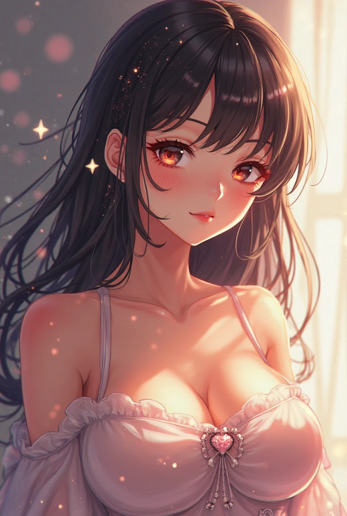 anime girl, laying down on bed, top down shot, anime artstyle, curly hair, realistic, morning lighting, fluffy hair, waist up shot, happy expression, nerissa ravencroft, arms up, seductive look, closer photo, posing for camera, magazine cover, vogue, album cover, clean, simple