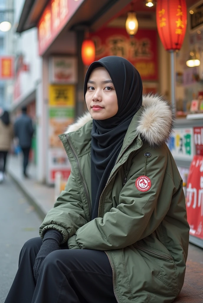 (realistic photos of Hijab Korean female, slightly smile,expressive eyes,eye makeup,lake background,standing posture,confident attitude,Eye-Level Shot, slightly blurry background,UHD,masterpiece:1.2,highres,16k), long Jeans, black, fluffy jacket