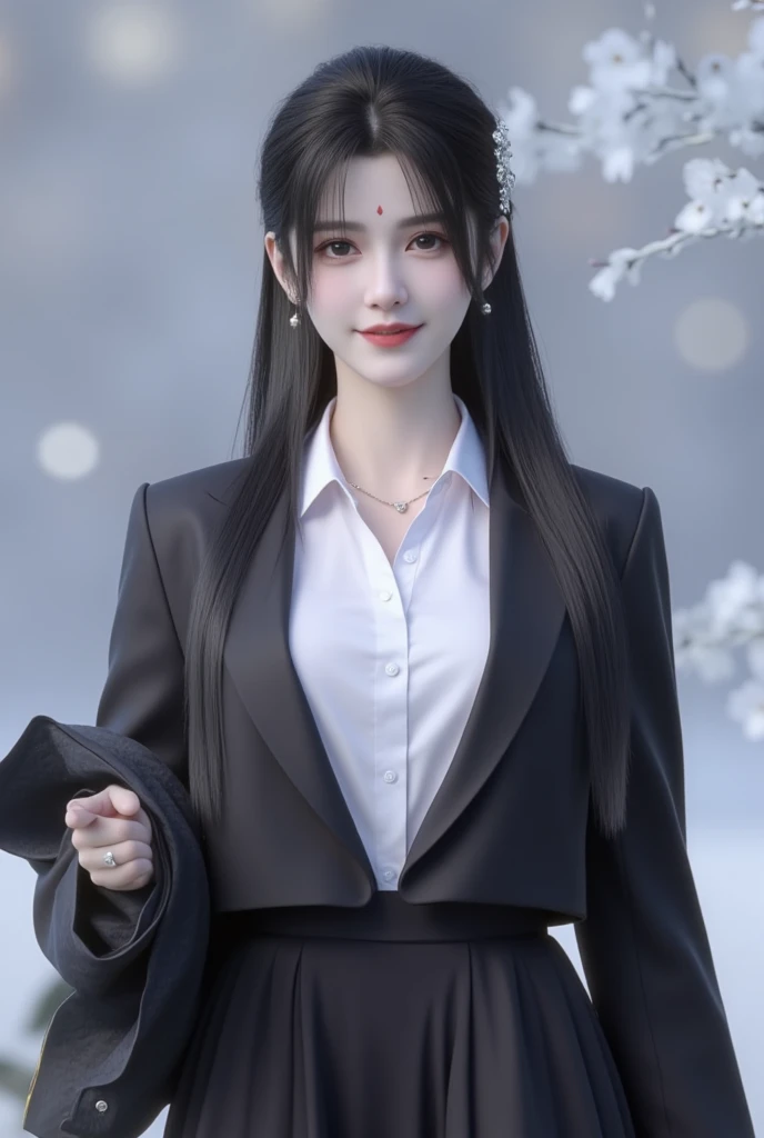 Shine brightly,masterpiece，A 27-year-old girl，medium eyes，Phoenix Eyes，Mature，Top quality，Best quality，1 girl，Smile，happy，solo，Cross your arms，dress，White background，Black hair，Long hair，Looking at the audience，Simple background，China costume，Long sleeve，Chest，中国dress，发bow，Cowboy lens，bow，侧Ponytail，分开的Lips，printing，Bangs，Ponytail，Blue bow，Standing，Lips，Side seams，Medium bust，白色shirt，shirt，belt，black eyes，