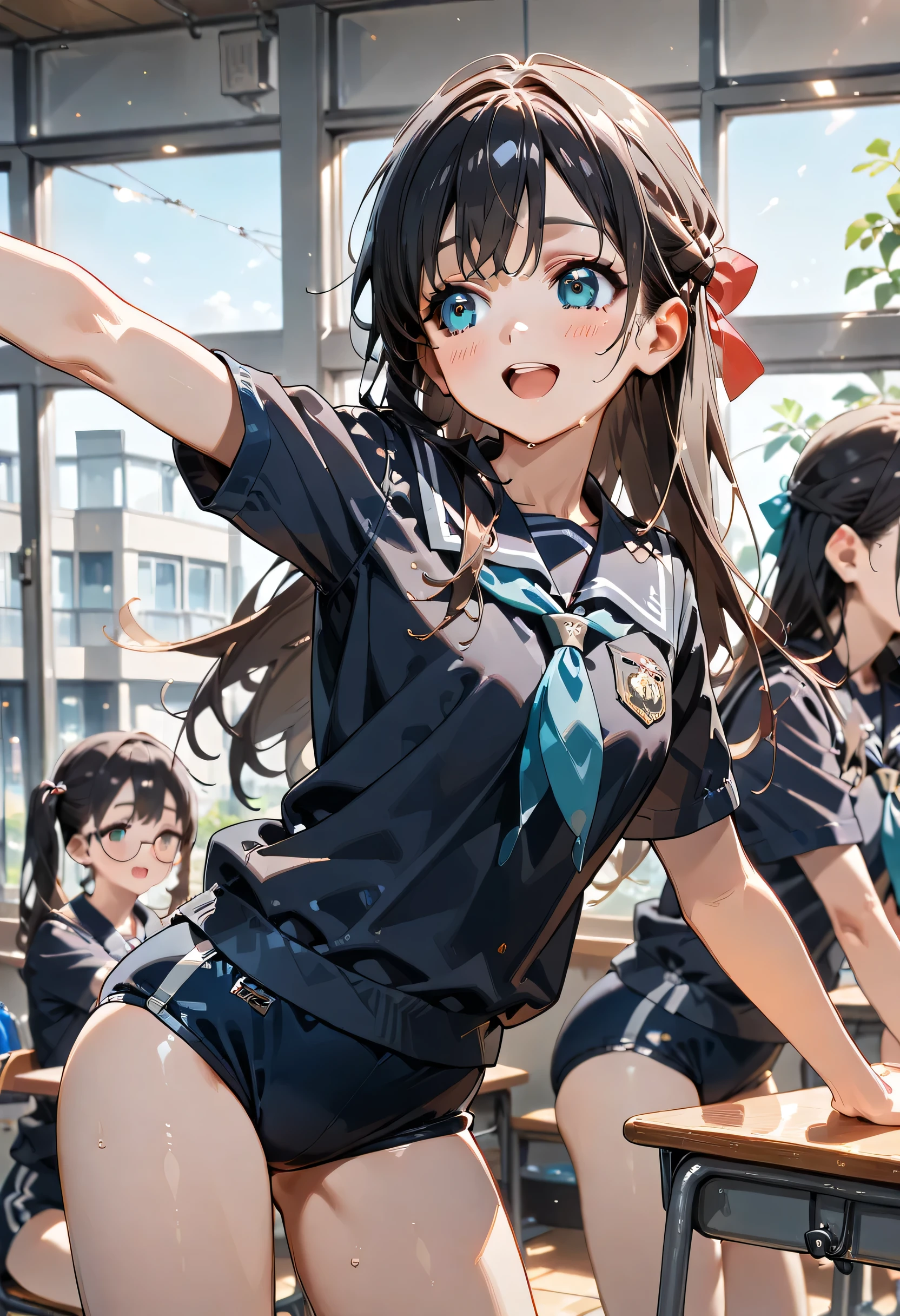 ((ultra-detailed)), (highly detailed CG illustration), (best quality:1.2), ultra-highly detailed, colorful composition, artistic photoshoot, 2 girls, ((cowboy shot:1.4)), moe anime character, girl, dainty facial structure, (baby face), (round face), ((rounded chin:1.2)), ((ideal ratio body proportions)), blue eyes, silver hair color, two side up, ample breasts, (school gym uniform), ((navy blue school gym buruma:1.4)), ((panic:1.6)), ((open mouth1.4)), ((full face blush:1.4)), ((sweat:1.6)), ((turning around:1.4)), ((spread arms)), ((contrapposto pose)), moe anime character, girl, dainty facial structure, (baby face), (round face), ((ideal ratio body proportions)), brown eyes, ((wearing glasses:1.4)), ((round eyewear:1.4)), ((black hair color:1.4)), long hair, (half updo), (hair ribbon with red), (school gym uniform), ((navy blue school gym buruma:1.4)), ample breasts, ((grabbing breasts from behind)), ((naughty face:1.5)), ((open mouth)), ((laugh)), ((leaning side to side:1.4)), blush, (changing clothes), (standing in the classroom), dynamic pose, from side, masterpiece, expecting, pink cheek, blush, light pink gloss slip, portrait, depth of field, soft lighting, sidelighting, (shine), lighting, caustics, ray tracing, perfect face, lustrous skin, highly detailed face, highly detailed eyes, perfect face, perfect nose, perfect hair, perfect eyes, perfect anatomy, beautiful hair, beautiful small face, extremely detailed face, beautiful detailed eyes, beautiful clavicle, beautiful body, beautiful breasts, leavage, breasts squeezed together, equalize the size of the left and right breasts, beautiful thin thighs, beautiful legs, beautiful fingers, 4 fingers, 1 thumb, (highly detailed background:1.0), summer aesthetic, intricate details, the atmosphere of friends playing together, chromatic aberration