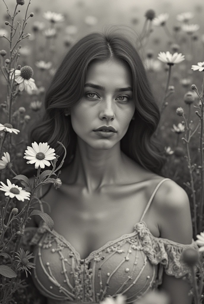 "An artistic black and white photograph of a young woman sitting in a field of wildflowers. Focuses mainly on his hands, that rest gently on your lap, with fingers slightly apart and palms visible. Pay special attention to capturing the detail and texture of their hands, revealing skin lines, nails and joints in a clear and natural way.
The lighting is soft and enveloping, creating delicate shadows that accentuate the shape and structure of your fingers. While the hands are the center of attention, also includes a general view of his figure, showing your face in a discreet and subtly focused way.
Focus on representing the model's face with the same precision and realism as the hands. Captures the softness and luminosity of your skin, the facial features and the serene and contemplative expression in his gaze. Achieves a balance between the detail of the hands and the clarity of the face, so that both elements complement each other and create a harmonious and evocative image.
Use all the techniques and resources at your disposal to ensure that both the model's hands and face are rendered convincingly and naturally.."
It's prompt, I have emphasized the importance of achieving a balance between the level of detail in the hands and the representation of the model's face. I hope this structure helps you obtain better results in generating the final image.
