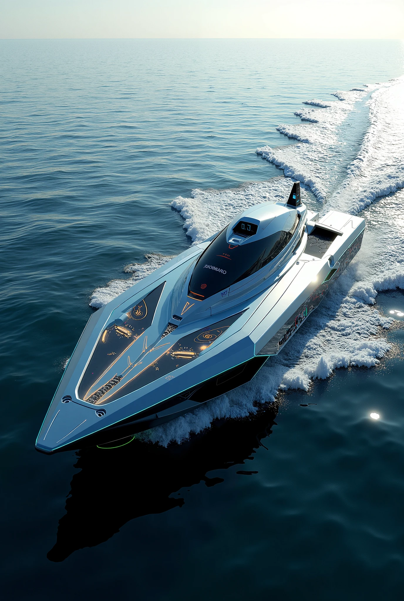 Arafed motor boat in the water with a wake board - SeaArt AI