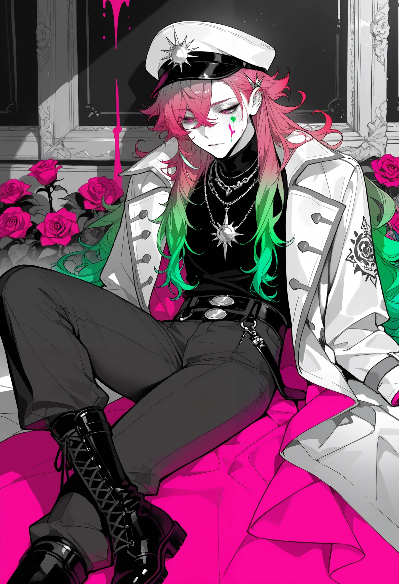 1 male,( long hair,gradient hair color,green ear dye on the face), pretty face,Exaggerated hair accessories,metal necklace, very detailed costume,hat,coat, long pants,Boots,highly saturated rose pink pigment dripping down,Drop,Side-lying,The sun shines into the house,panoramic
