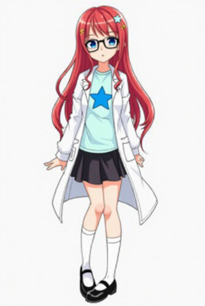 ((masterpiece, best quality)),(complex lighting), solo, full body, 1girl, Susan test, labcoat, blue eyes, glasses, red hair, long hair,<lora:susanTest1-10:0.8>,pastel blue shirt, yellow star-shaped hair clip,white socks, black skirt, Mary Jane shoes, square glasses
