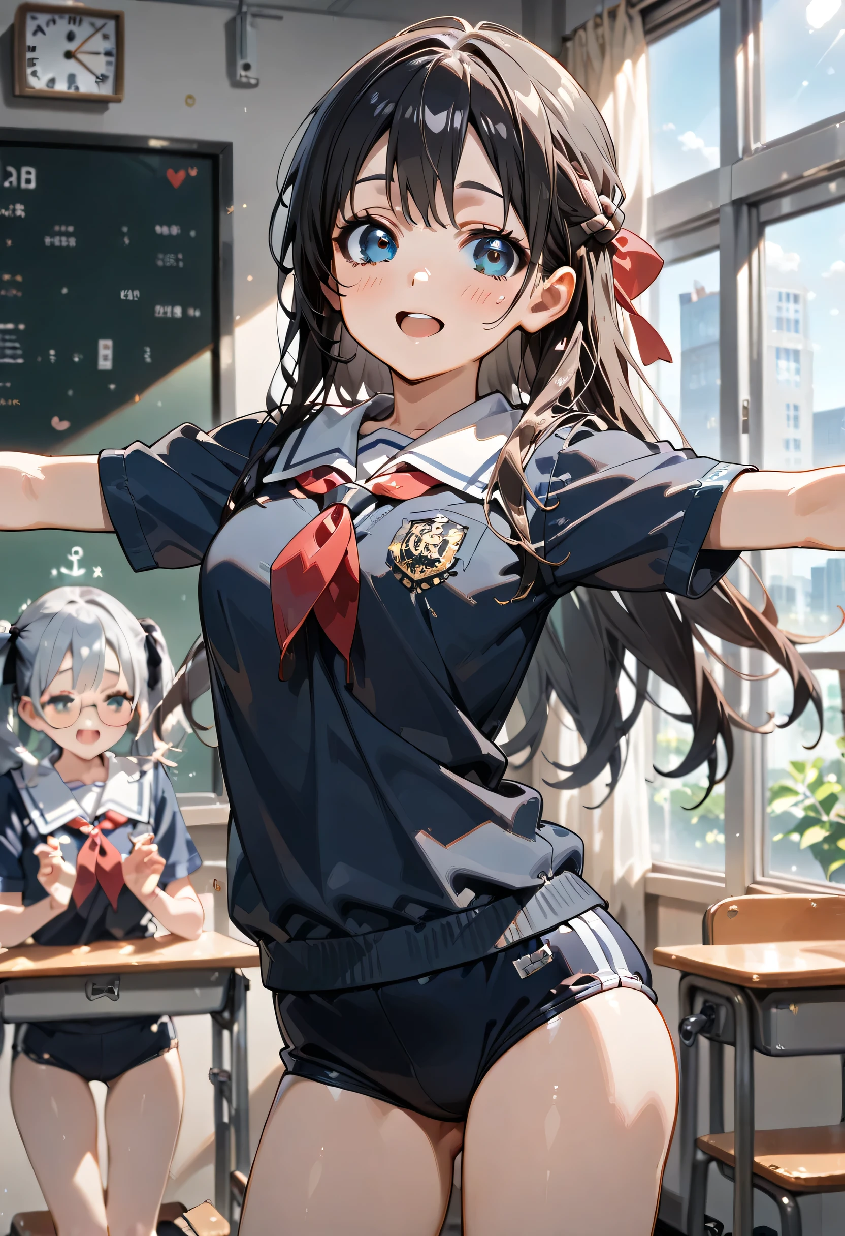 ((ultra-detailed)), (highly detailed CG illustration), (best quality:1.2), ultra-highly detailed, colorful composition, artistic photoshoot, 2 girls, ((cowboy shot:1.4)), moe anime character, girl, dainty facial structure, (baby face), (round face), ((rounded chin:1.2)), ((ideal ratio body proportions)), blue eyes, silver hair color, two side up, ample breasts, (school gym uniform), ((navy blue school gym buruma:1.4)), ((panic:1.6)), ((open mouth1.4)), ((full face blush:1.4)), ((sweat:1.6)), ((turning around:1.4)), ((spread arms)), ((contrapposto pose)), moe anime character, girl, dainty facial structure, (baby face), (round face), ((ideal ratio body proportions)), brown eyes, ((wearing glasses:1.4)), ((round eyewear:1.4)), ((black hair color:1.4)), long hair, (half updo), (hair ribbon with red), (school gym uniform), ((navy blue school gym buruma:1.4)), ample breasts, ((grabbing breasts from behind)), ((naughty face:1.5)), ((open mouth)), ((laugh)), ((leaning side to side:1.4)), blush, (changing clothes), (standing in the classroom), dynamic pose, from side, masterpiece, expecting, pink cheek, blush, light pink gloss slip, portrait, depth of field, soft lighting, sidelighting, (shine), lighting, caustics, ray tracing, perfect face, lustrous skin, highly detailed face, highly detailed eyes, perfect face, perfect nose, perfect hair, perfect eyes, perfect anatomy, beautiful hair, beautiful small face, extremely detailed face, beautiful detailed eyes, beautiful clavicle, beautiful body, beautiful breasts, leavage, breasts squeezed together, equalize the size of the left and right breasts, beautiful thin thighs, beautiful legs, beautiful fingers, 4 fingers, 1 thumb, (highly detailed background:1.0), summer aesthetic, intricate details, the atmosphere of friends playing together, chromatic aberration