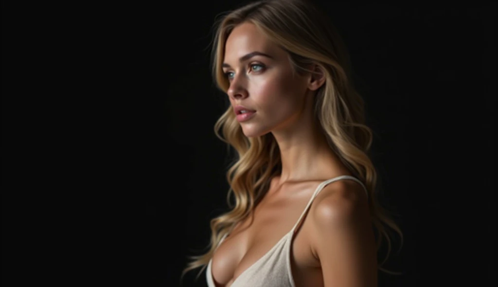 Hyper realistic frontal image, photograph taken by a professional of actress Connie Nielsen 20 years, blond hair, textured hair and skin, sparkling look, clear face, muscular body, large round breasts, glowing skin, perfect lighting,