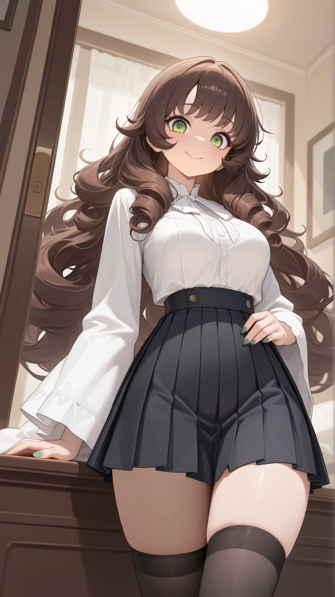 absurdres, (((HD))), (((Ultra High Quality))), ((hyper detailed)), ((Ultra High Resolution)), (Highly rendered), ((detailed eyes)), (((8K))), ((perfect face)), ((masterpiece)), 1girl, tall, long hair, brown hair, curly hair, curly bangs, green eyes, smile, medium breasts, white blouse, long sleeves, wide sleeves, nail polish, black pleated skirt, black thigh highs, bedroom background