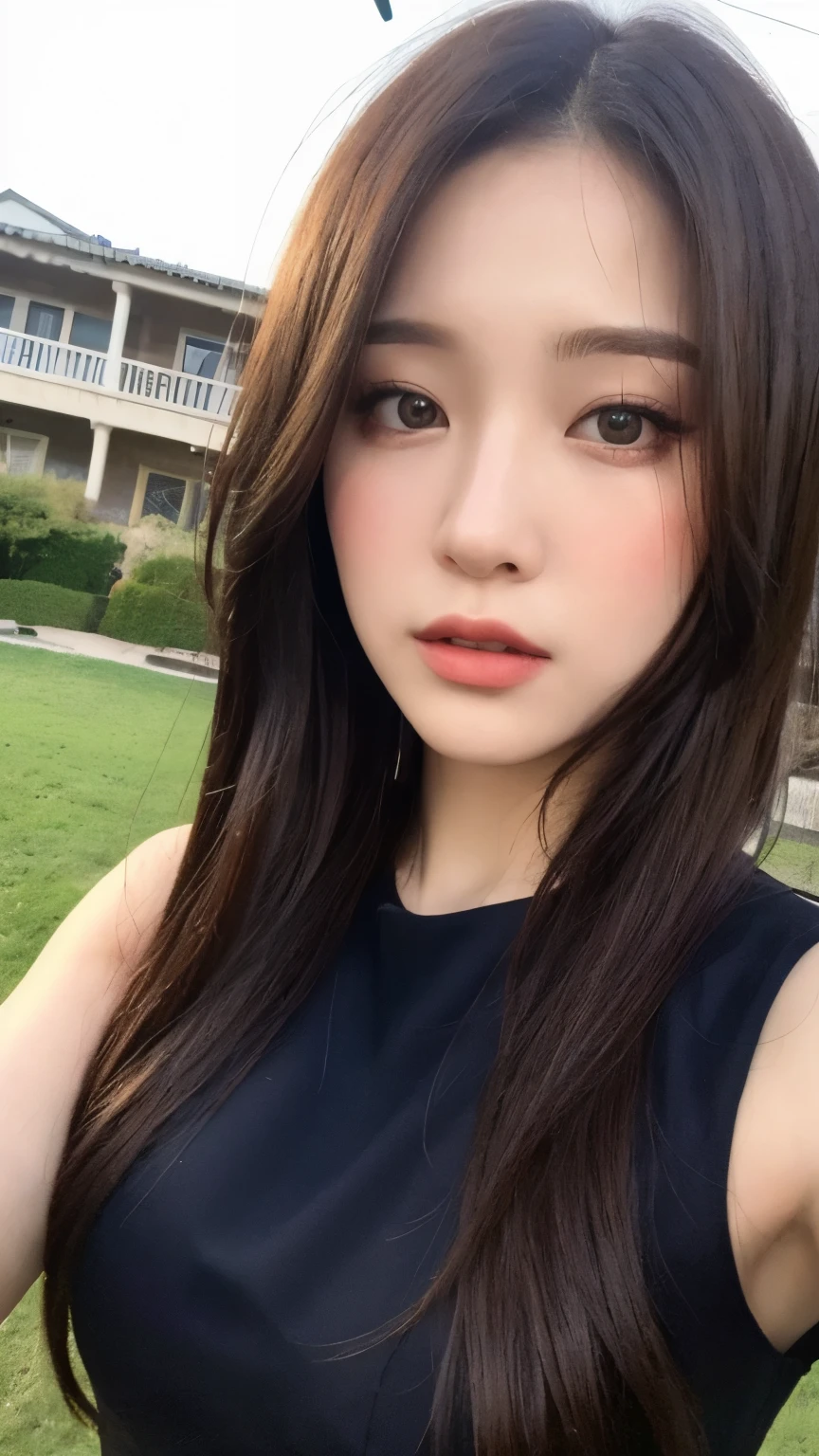 ((Best Quality, 8K, Masterpiece:1.3)), a beautiful girl, pure, melon face, gentle and cute, thin figure, (frontal), (tilted head), looking directly into the camera, [detached sleeves::0], [collared shirt::0], [capri pants::0], black silky long straight hair, long hair flowing over the shoulders, round black big eyes, clear big eyes, moist red lips, sweet, sitting by the pond, blue sky and white clouds, sunshine ,, idyllic background