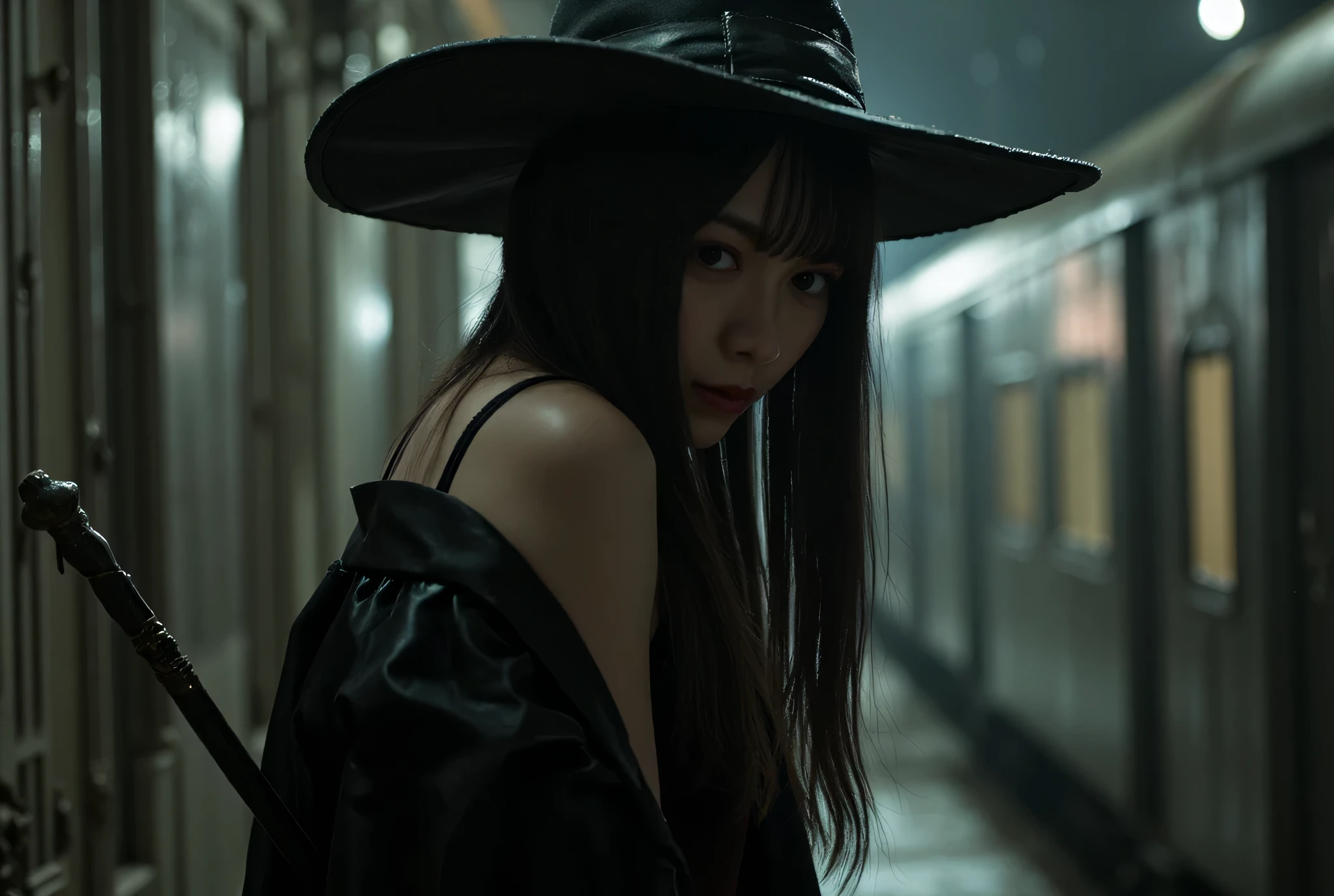 (((midnight,dark old 16th century witch house:2.0))),(((gothic horror atmosphere:2.0))),(((Thick and Long Magic Wand:2.0))),((( casting spells :2.0))),side view from the back,Side pose,((looks back and look at the camera:2.0)),((Looking Back Over Her Shoulder:2.0)),Rear View,((full body:2.0)),one woman,(cute face),(Beautiful well-balanced face ),((long hair with bangs:2.0)),( black hair:1.5),(beautiful eyes:1.3),Glamorous shot of a 20-year-old Japanese woman, Slender Beautiful Body ,((Model figure :2.0)),((slim body:1.7)),perfect body line,ideal proportions,(big :2.0),((F cup :2.0)), Popup,Bare thighs,fleshy thighs due to weight,delicate body,(Glutinous Flesh:1.5),harmonious posture,((beautiful  at the old train station:2.0)),((cute :2.0)), ((((  :2.0)))),((( T-back :2.0))),(Realistic  depiction :1.5),carefully depicts limbs based on perfect  when held  by an old man,((witch-style black super high-leg leotard:1.5)),((Fitted Latex Ultra High Leg Leotard:1.5)),((Leotard showing lower :2.5)),((black robe with an open front over a leotard:2.0)),( Big Witch Hat :1.5),((Red Mesh Coarse Fishnet Tights:2.0)),(Black Cat:1.7),Concept Art,(best quality:1.5),(masterpiece:1.5),(Ultra-high resolution),resolution,UHD,(Delicate Description), carefully drawn with butterfly wings ,32K,((realistic skin texture:1.5)),(((ultra realistic:1.5))),carefully draw eyelashes,Highly detailed faces,Highly detailed female hand,very sensual,(Blurry Dim Backgrounds :1.5),professional photo shoot,(movie light:2.0),((Blade Runner style light:2.0))