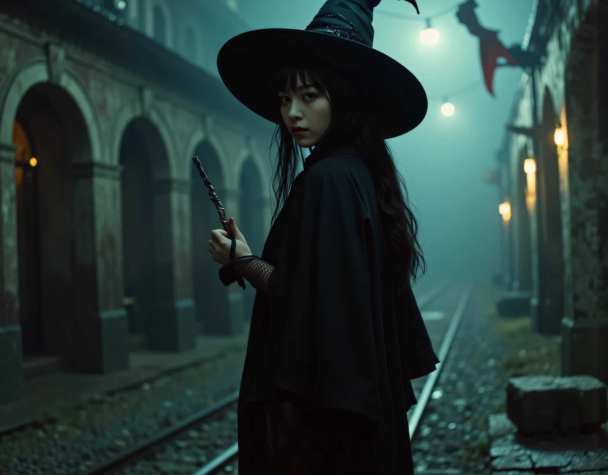 (((midnight,dark old 16th century witch house:2.0))),(((gothic horror atmosphere:2.0))),(((Thick and Long Magic Wand:2.0))),((( casting spells :2.0))),side view from the back,Side pose,((looks back and look at the camera:2.0)),((Looking Back Over Her Shoulder:2.0)),Rear View,((full body:2.0)),one woman,(cute face),(Beautiful well-balanced face ),((long hair with bangs:2.0)),( black hair:1.5),(beautiful eyes:1.3),Glamorous shot of a 20-year-old Japanese woman, Slender Beautiful Body ,((Model figure :2.0)),((slim body:1.7)),perfect body line,ideal proportions,(big :2.0),((F cup :2.0)), Popup,Bare thighs,fleshy thighs due to weight,delicate body,(Glutinous Flesh:1.5),harmonious posture,((beautiful  at the old train station:2.0)),((cute :2.0)), ((((  :2.0)))),((( T-back :2.0))),(Realistic  depiction :1.5),carefully depicts limbs based on perfect  when held  by an old man,((witch-style black super high-leg leotard:1.5)),((Fitted Latex Ultra High Leg Leotard:1.5)),((Leotard showing lower :2.5)),((black robe with an open front over a leotard:2.0)),( Big Witch Hat :1.5),((Red Mesh Coarse Fishnet Tights:2.0)),(Black Cat:1.7),Concept Art,(best quality:1.5),(masterpiece:1.5),(Ultra-high resolution),resolution,UHD,(Delicate Description), carefully drawn with butterfly wings ,32K,((realistic skin texture:1.5)),(((ultra realistic:1.5))),carefully draw eyelashes,Highly detailed faces,Highly detailed female hand,very sensual,(Blurry Dim Backgrounds :1.5),professional photo shoot,(movie light:2.0),((Blade Runner style light:2.0))