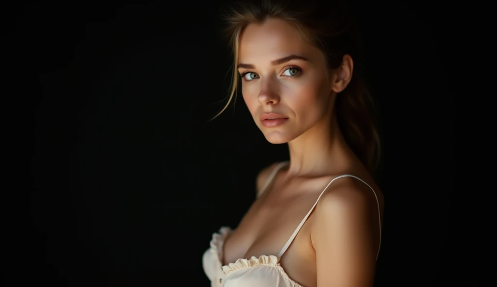 Best quality,ultra-detailed,photorealistic:1.37,UHD,professional,painting,HDR,realistic,portrait,Ukrainian beauty, gorgeous woman, exquisite facial features, sparkling blue eyes, porcelain skin, elegant pose, natural beauty, vibrant colors, soft lighting ,subtle shadows, feminine elegance, (Draped Side Updo With Hanging Curls hairs), black mesh chemise with intricate lace design, soft lighting, vivid colors, professional photography, portraits, bokeh
