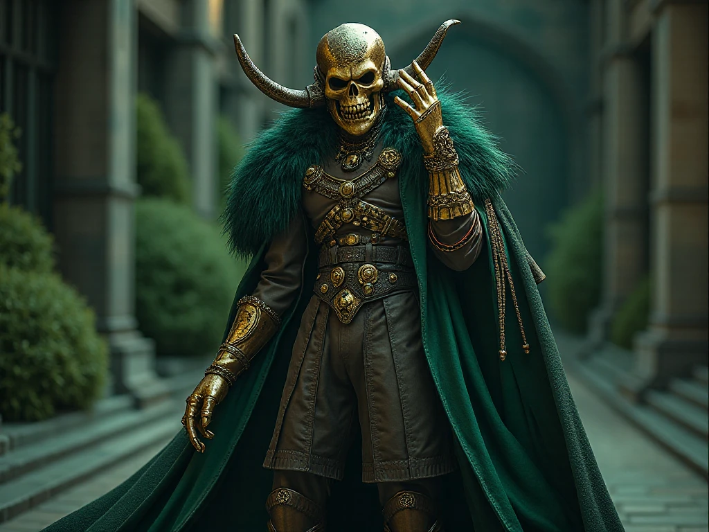 An elf sorcerer with green hair, golden eyes, holding a smiling skull with a fireplace behind him