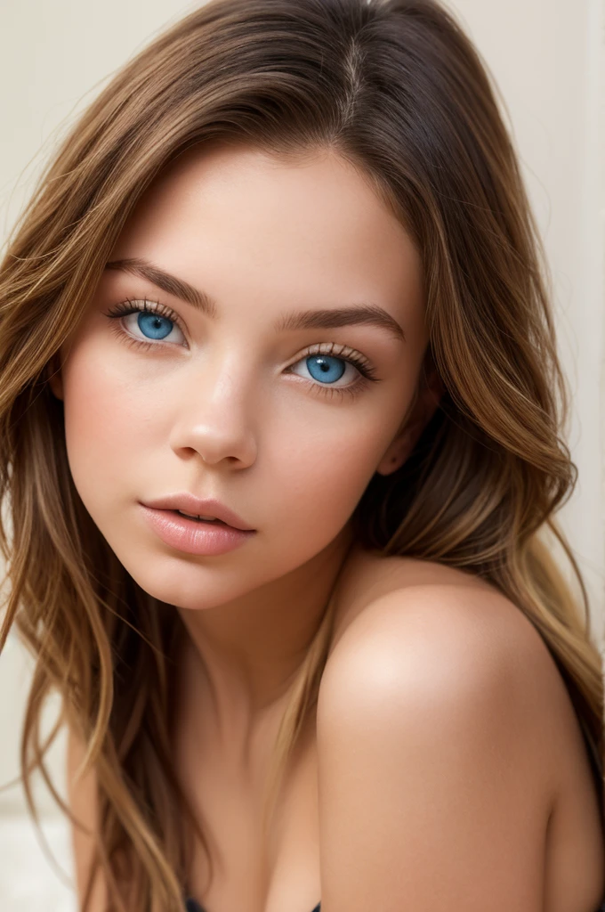 Woman with Captivating Blue Eyes: In this ultra-realistic and meticulously detailed portrait, named "Retrato de Sophie Mudd," a woman with long, golden hair cascading down to her shoulders and captivating blue eyes gazes intently into the fourth wall. Her bare-faced, natural makeup accentuates her striking features, with a subtle glow on her cheeks, highlighting her bold eyebrows and full lips. Her piercing blue eyes, filled with depth and emotion, are the center of attention, with highly detailed and glowing pupils that seem to capture the light and draw the viewer in.
This impressive full-body photograph was taken with a high-end DSLR camera
