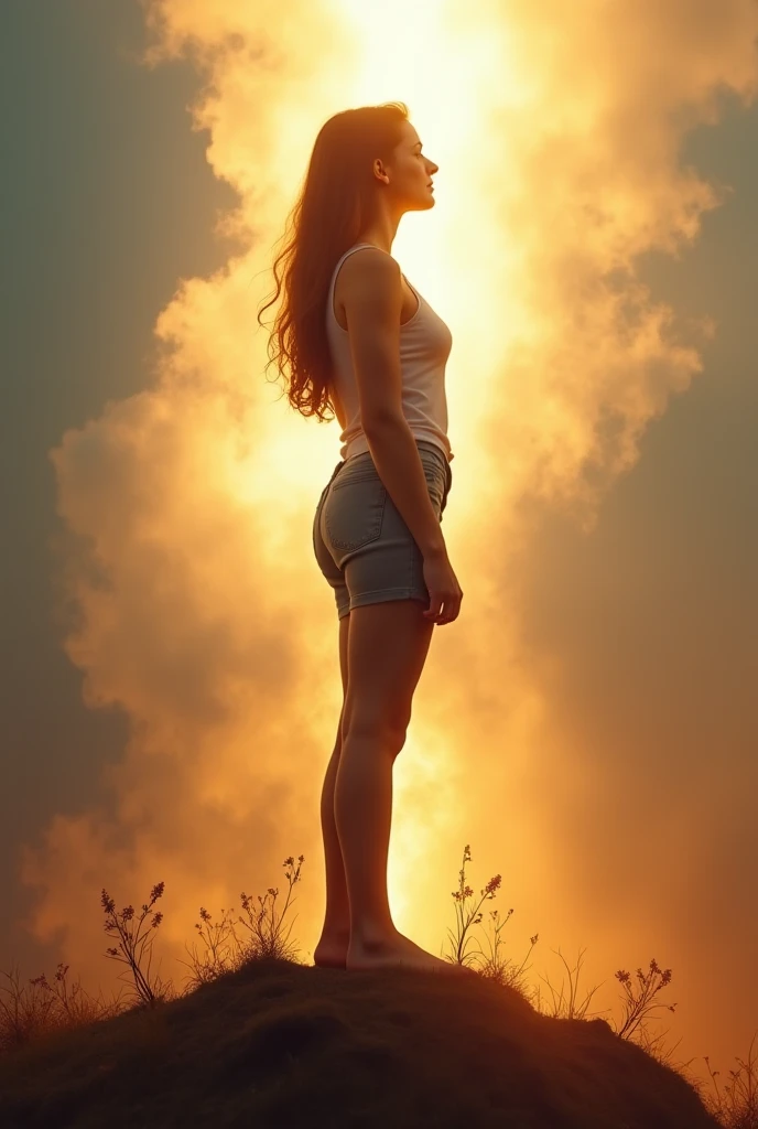 letitflrsh, (let it flourish), backside of a person leaning foreword wearing pants with a single flower inside bum crack, radiating light, illumination, atmospheric, scale, order, healing, light, hope, soothing, calm , 