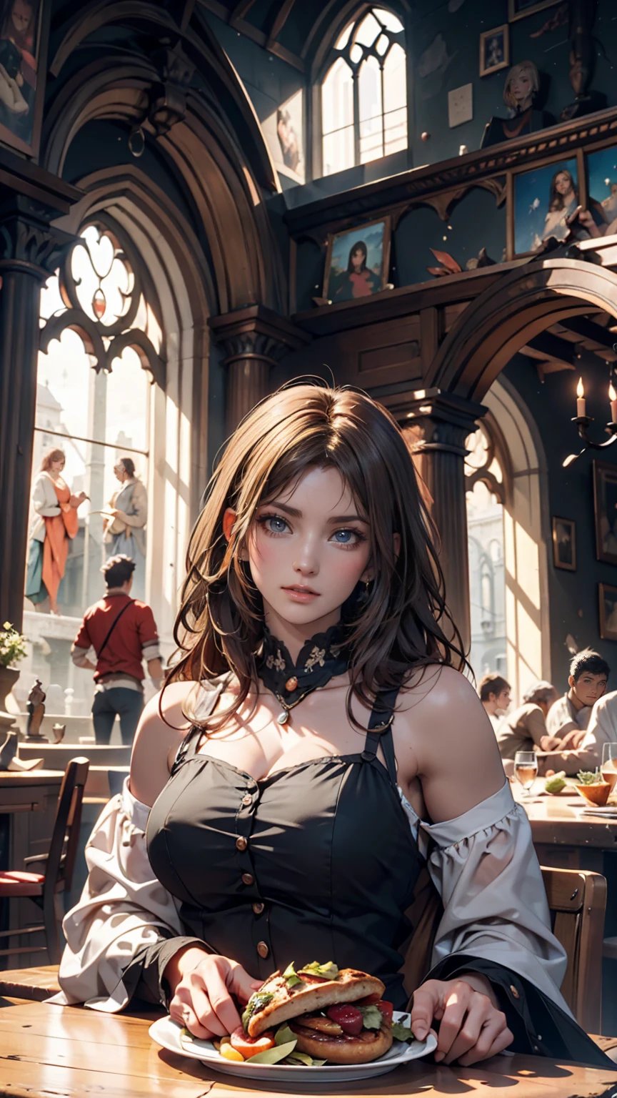 Extremely detailed CG, Ultra detailed, beautiful, masterpiece, Best quality, 8K, wallpaper, unity, Unreal engine, Concept art, solo, 1girl, Looking at the viewer, Beautiful women, In the rustic tavern, sitting, Gentle smile, In the foreground table, fantasy, Volumetric lighting, Intricate details