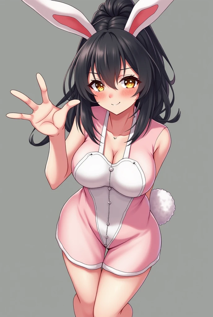 tall girl with a serious look, dark straight cherry hair, huge breasts and butt, anime style bunny suit 