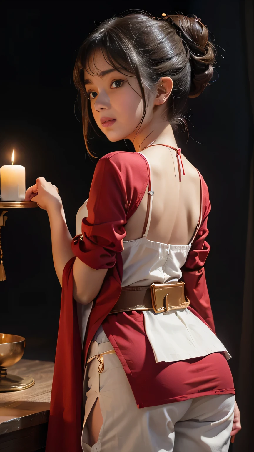 8K, ultra high detailed small indian girl, crying expression, bun hair, impressive hairstyle, detailed eyes, detailed lips, small indian sexy girl, she has thick thighs, short height, she has thick thighs, little innocent face , tears in eyes, The waist is belted، wearing full red short kurti and white wide pants, small girl, medium revealing back body, close body, small girl , back Standing girl، she has thick thighs, wear red short kurta to thighs, white wide pants,she has thick thighs, Background: candle night room
