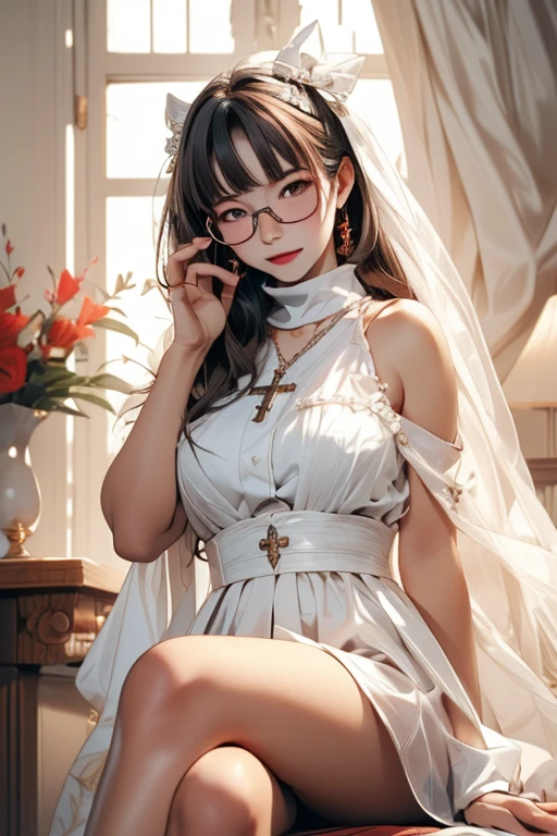 Top image quality、Raw photography、A high resolution、20-year-old cool Korean、big round chest、thin silk jacket、red lace underwear、Beautiful Eyes of Details、very elongated eyes、Beautiful eyelashes、Beautiful double eyelids、eyeshadows、 long legs, medium thighs, wearing Glasses、beautiful eyes finely detailed、elongated eyes、long eyeslashes、Beautiful double eyelids、eyeshadows、earrings、shiny white skin、 full body shoot, chuppy body,