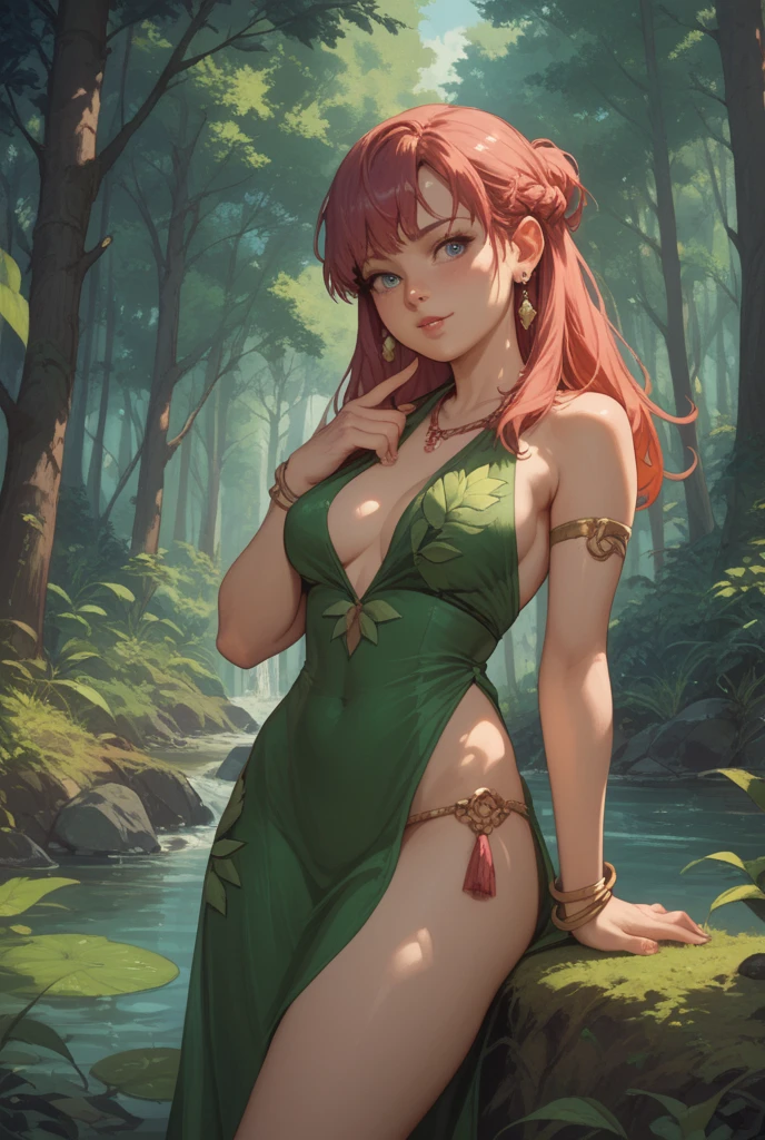 a dangerous angry dryad in the forest. highly detailed face, eyes. sitting in her tree. skin like [ leaf | bark ]