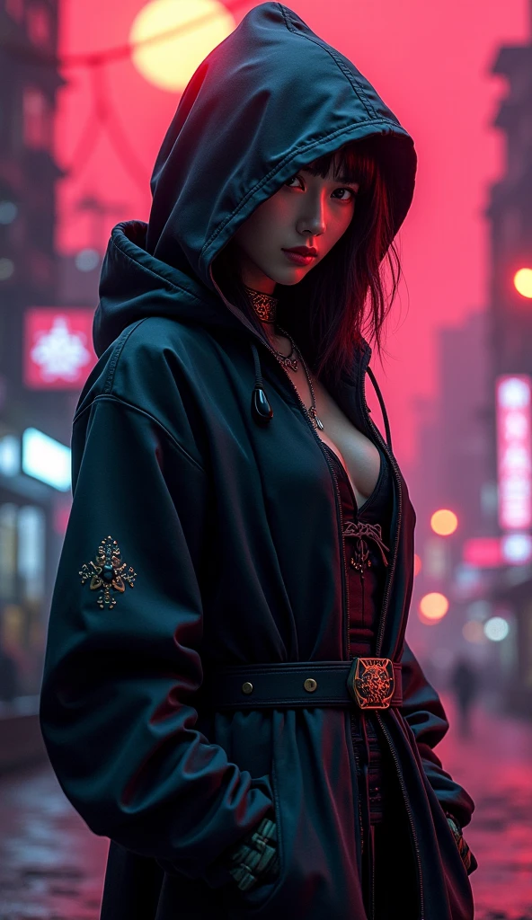 Masterpiece, 4K wallpaper, Masterpiece sci-fi ancient city, fantasy sci-fi, neon glow lights city, ( Subject ( 1girl, A cute japanese women with beautiful hair, wearing an youth stylist oversized hoodie fashion, yellow, black and white stylist fashion, jumper hoodie and short solid cotton trousers, the hoodie stylist masterpiece.))
( Pose (Relaxed, with dance pose, masterpiece. Medium breast.))
( Setting (ultra realistic, sci-fi theme, A mystic environment, ancient city of the past with neon glow lights and a glow light portal.))
( Face ( absolute detail of face masterpiece, detail skin pores masterpiece, oil skinny, beautiful japanese girl, detail of face.))
( Perfect human body, perfect human fingers)
( Lighting (Dramatic side lighting with a warm and cool light masterpiece, absolute face and body lighting teqnique, sunlit glow and light rays, masterpiece object lighting and detail.))
(detail of absolute futuristic fashion a masterpiece), rahnday style photography, the sense of photography), sea art infinity.)
( Style (Hyper-realistic, cinematic, with a focus on detail and texture, octan render 4K quality masterpiece.))
( Technical Specifications (Shot from a medium long shot, below-up perspective, with a Fujifilm XT-4 with Fujinon 50mm lens at f/1.2.))
(((Additional Notes)
( Focus on Key Elements (Emphasize the woman, her clothing, and the dramatic city backdrop.))
( Visual Effects (Include cinematic grains, falling glow particles, and a blurred background with white fog.))