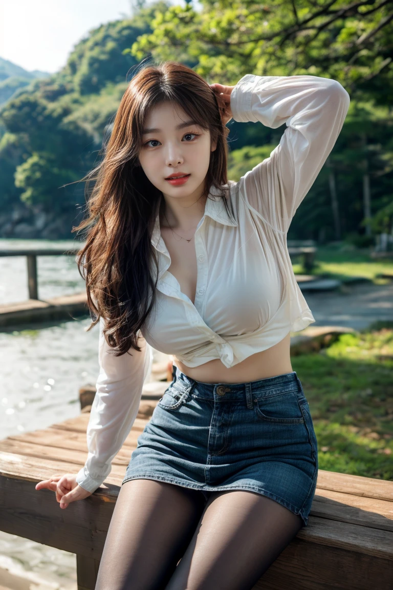 Exquisite, masterpiece, beautiful details, colorful, exquisite details, delicate lips, intricate details, large breasts, areola, 1 female, (a beautiful 20-year-old cute Korean woman: 1.1), (kpop idol, Korean mixed), (50mm Sigma f /1.4 ZEISS lens, F1.4, 1/800s, ISO 100, photograpy:1.1), (ponytail + brunette hair: 1.2), ( Photorealistic:1.4), (SPY:1.2), (Open White Shirt, Blue Jeans, Christian Louboutin\(Brand\),:1.3), Earrings, Necklaces, Armbands, (Meadow: 1.2), (Beautiful Legs, Tall Girl, Skinny, slim_legs, thigh_gap, Model:1.2), Lens flare, viewed from the front, (Happy smile: 1.1), dynamic pose, (makeup: 1.2), lying on the grass, staring at the camera, pure, clear perineum, white skin