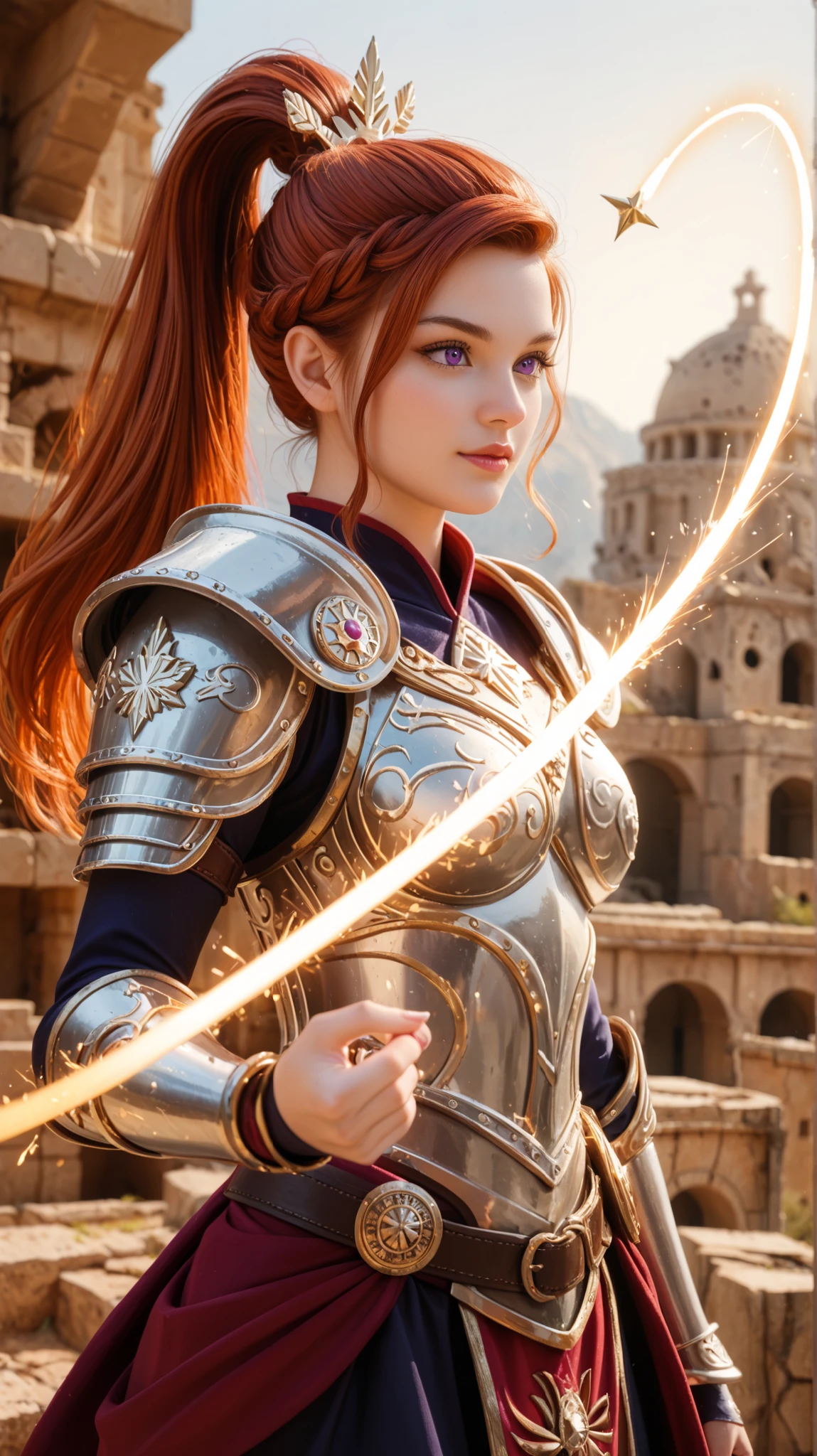 A fierce and adventurous young woman with deep violet eyes and long, wild auburn hair tied in a high ponytail. She wears an archer’s battle outfit infused with magic, featuring glowing runes on her leather armor. A radiant, celestial bow with golden arrows levitates beside her. The background is an open cosmic landscape with shooting stars and ancient ruins. Her stance is ready, symbolizing exploration and freedom. Ultra-detailed, cinematic lighting, hyper-realistic textures, 8K resolution. --ar 16:9 --v 6 --style raw --q 2 --s 750