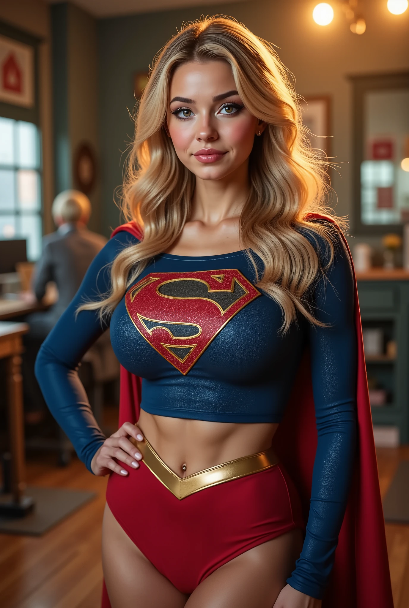 a beautiful girl with long blonde hair, detailed blue eyes, nose, and lips,WEARING A 1980 SUPERGIRL COSTUME, CAPE AND BOOTS (best quality,4k,8k,highres,masterpiece:1.2),ultra-detailed,(realistic,photorealistic,photo-realistic:1.37),HDR,studio lighting,extremely detailed face and body, portrait,cinematic lighting,dramatic lighting,warm color tones,dramatic colors. PERFECT SKIN, PERFECT BLUE EYES, MILLIONS OF DETAILS, 8K. COMPLETE BODY VIEW.