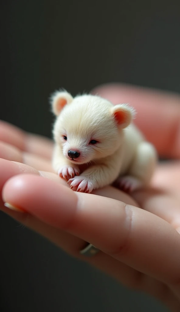 The world's smallest baby highland bear, a white calf perched on someone's finger, is undoubtedly cute and charming. The photo is very realistic and captures the subtle features of the miniature bear with precise precision.