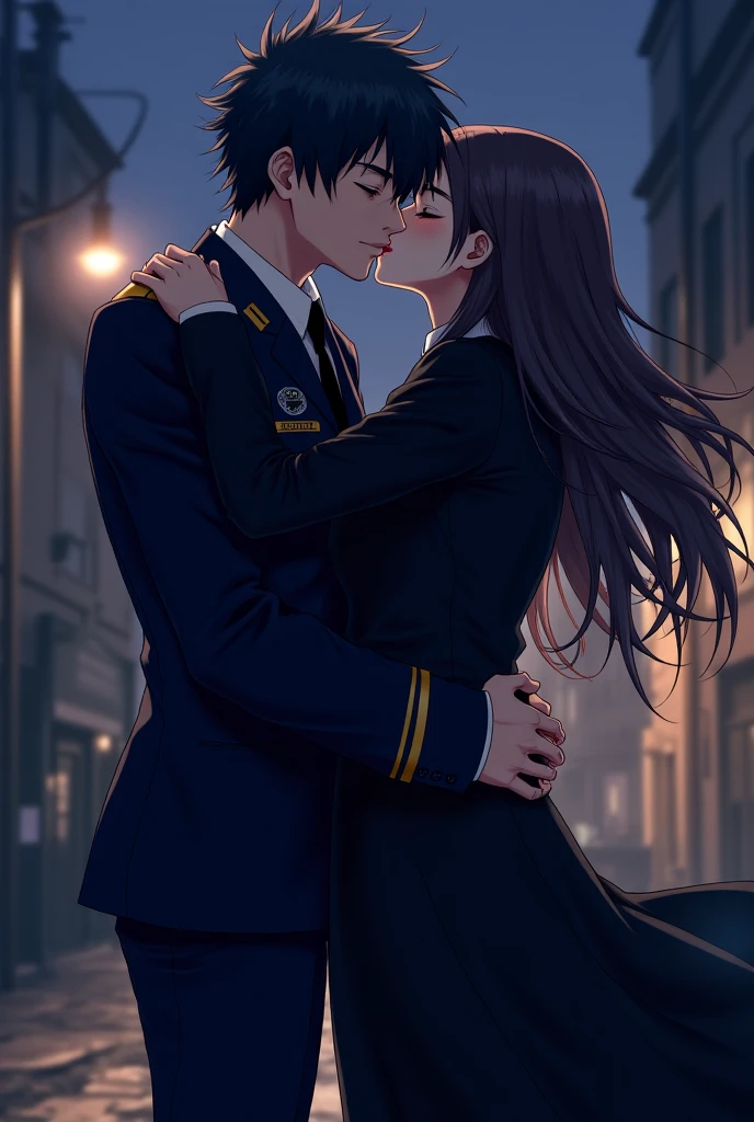 Anime couple in school uniform, anime style 4 K, anime wallpaper 4 K, anime wallpaper 8 K, 4K anime wallpaper, anime art wallpaper 4 K, anime art wallpaper 4K, 4K manga wallpaper, Gwaitz, Los Tran and Makoto Shinkai style artwork, female and female couples hugging each other as the starry sky sparkles, (kiss:1.5), (school uniform:1.2), Capture the moment of exchanging kisses. The scene is depicted in an anime-inspired style, meticulously drawn in every detail and presented in 16k high resolution. The lighting is fantastic, with the intersection of starlight and moonlight, softly illuminating the couple. The colors take advantage of the contrast between the vivid colors of the school uniform and the deep blue and white of the starry sky. For compositions, use a medium telephoto lens and make sure the couple is centered on the screen. , shooting stars, detailed facial details