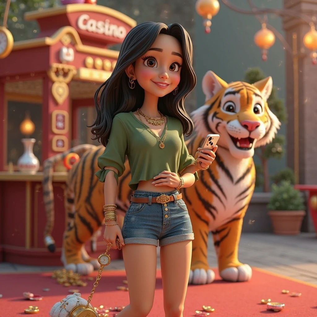 create a Disney Pixar style 3D animation. The setting is Feira de Santana-ba. The character is a woman with long straight hair sitting in the Rosa square with brown eyes, stiletto nails, an iPhone 13 and a tiger by her side