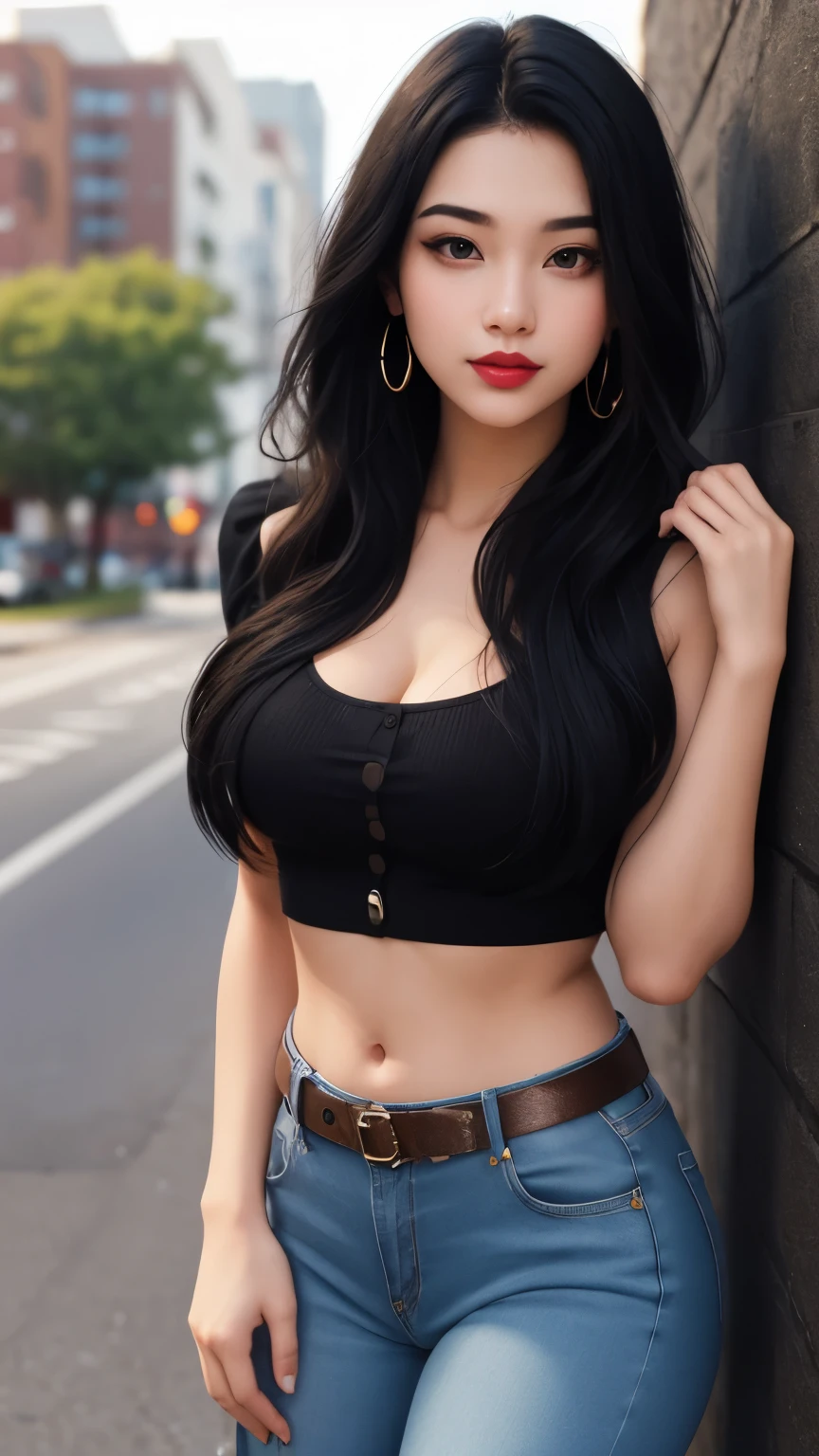masterpiece, gothic aesthetic, dream atmosphere, ultra realistic, 16k, best quality, absurdres, perfect anatomy, 1girl, goth brunette, voluminous silky hair, goth makeup, bright red eyes (intense look), pale-white skin (highlighted), realistic shading, solo, Caera, red eyes, black t-shirt, large natural breasts cleavage, large hips, black mini skirt, tights (realistic textures), pretty seductive, upper body, beautiful girl, happy, lamp, outdoors, street, lamppost, different poses at different angles, blurred background, cinematic, Photorealistic.
