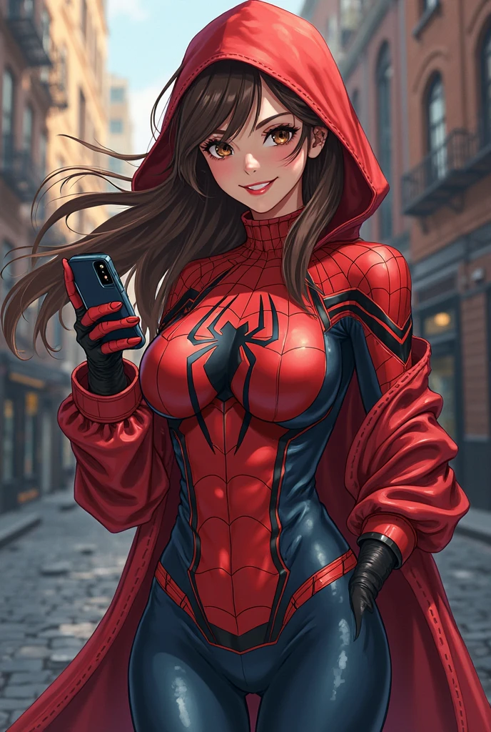 A photograph of spiderman, con mascara, long brown hair, looking to the camera