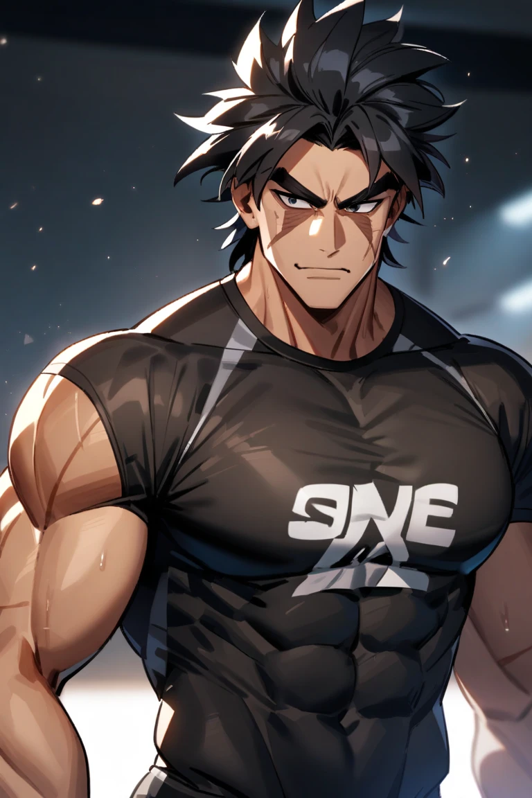 Kiritsugu Emiya is flexing his biceps. He is shirtless and only wears black boxershorts. His arms have many huge veins.