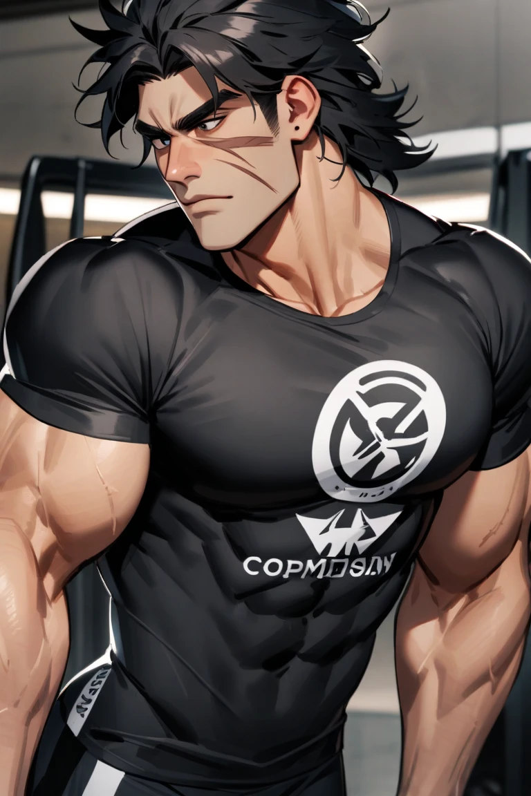 Uma mulher com cabelo preto e longo, corpo atletico, forte e musculoso, fisiculturista, peitos grandes, black sweatpant, manto preto, cropped preto, Ninja, Universo Naruto, expression serious, de frente para o espectador, foco feminino, seios grandes.