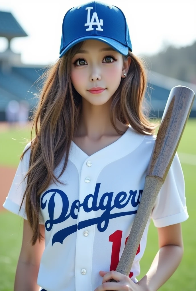 (8k, RAW Photos, highest quality, masterpiece:1.2), (Realistic, photo-Realistic:1.4), (Highly detailed 8k wallpaper), ((Full Body Shot)), (1 girl), Sharp focus, Depth of written boundary, Cinematic lighting, Soft Light, 緻密な美しさのeye, eye_Chan, Very beautiful 17 year old girl, innocent big eyes, Realistic, photo Realistic, Highly detailed cute girl, (Thin thighs), (Model Body Type), 18-year-old, (((Los Angeles Dodgers T-shirt))), ((Micro Mini Pleated Skirt)), (((Fold your arms in front of your chest and act arrogantly))), ((A happy smile)), Parted lips, Watching the audience, (On the streets of Los Angeles) , (Brown Hair),（Long Bob Hair), (Asymmetrical bangs)