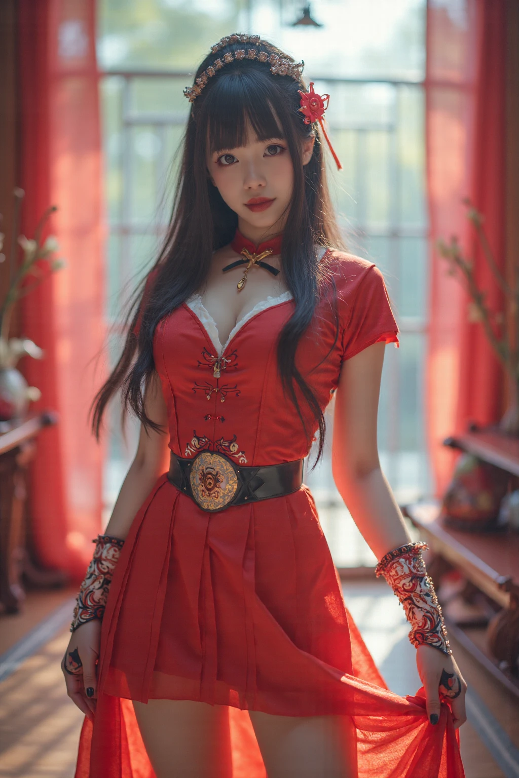 beautiful elf, black hair, bangs and pigtails, sexy red dress and boots
