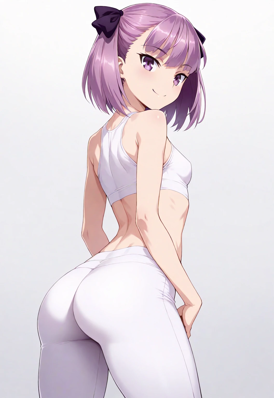 back、Angle from behind、Ultra-detailed illustrations、Ultra-precise expression、masterpiece、Highest quality、ultra High resolution、High resolution、Hiromitsu Takeda Style、White background、Simple Background、whole body、One girl、solo、Mash Kyrielight、light purple hair、short hair、Heart Bikini、Choker of Hearts、White Breath、Sweat、Glowing Skin、shiny skin、stand、barefoot、
