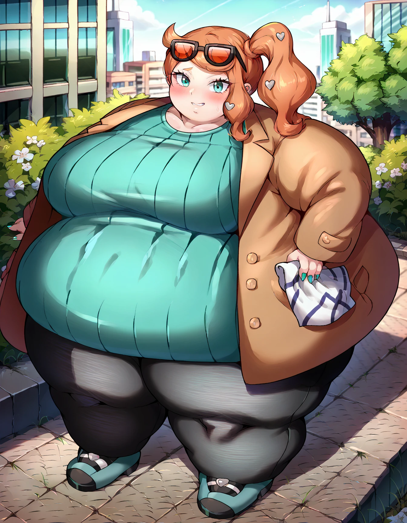 score_9, score_8_up, score_7_up, source_anime,
pokemonsonia, pokemonsonia, aqua eyes, heart, heart hair ornament, long hair, long sleeves, orange hair, side ponytail, swept bangs,
aqua footwear, aqua nails, aqua shirt, brown coat, brown jacket, coat, collarbone, eyewear on head, jacket, long sleeves, orange-tinted eyewear, pants, ribbed shirt, shirt, sunglasses, tinted eyewear,
outdoors, cityscape,
looking at viewer, cowboy shot, fat, chubby, obese, gigantic arms and legs, blush, on back, paper thin, flattened girl, flattened, on floor, lying on floor, roll press, factory, rollers,(towel body:1.3) 1girl, solo, score_6, score_7, score_7_up,