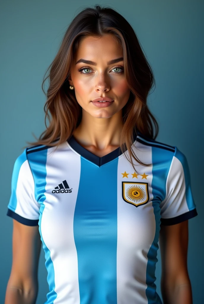 sexy Brunette girl, 20 years old, fair skin, athletic body, firm second size breasts, wearing Argentina soccer team jersey, fit body, large breasts, (best quality, 4k, 8k, high resolution, masterpiece: 1.2), ultra-detailed, (realistic, photorealistic, photorealistic: 1.37), HDR, studio lighting, extremely detailed face and body