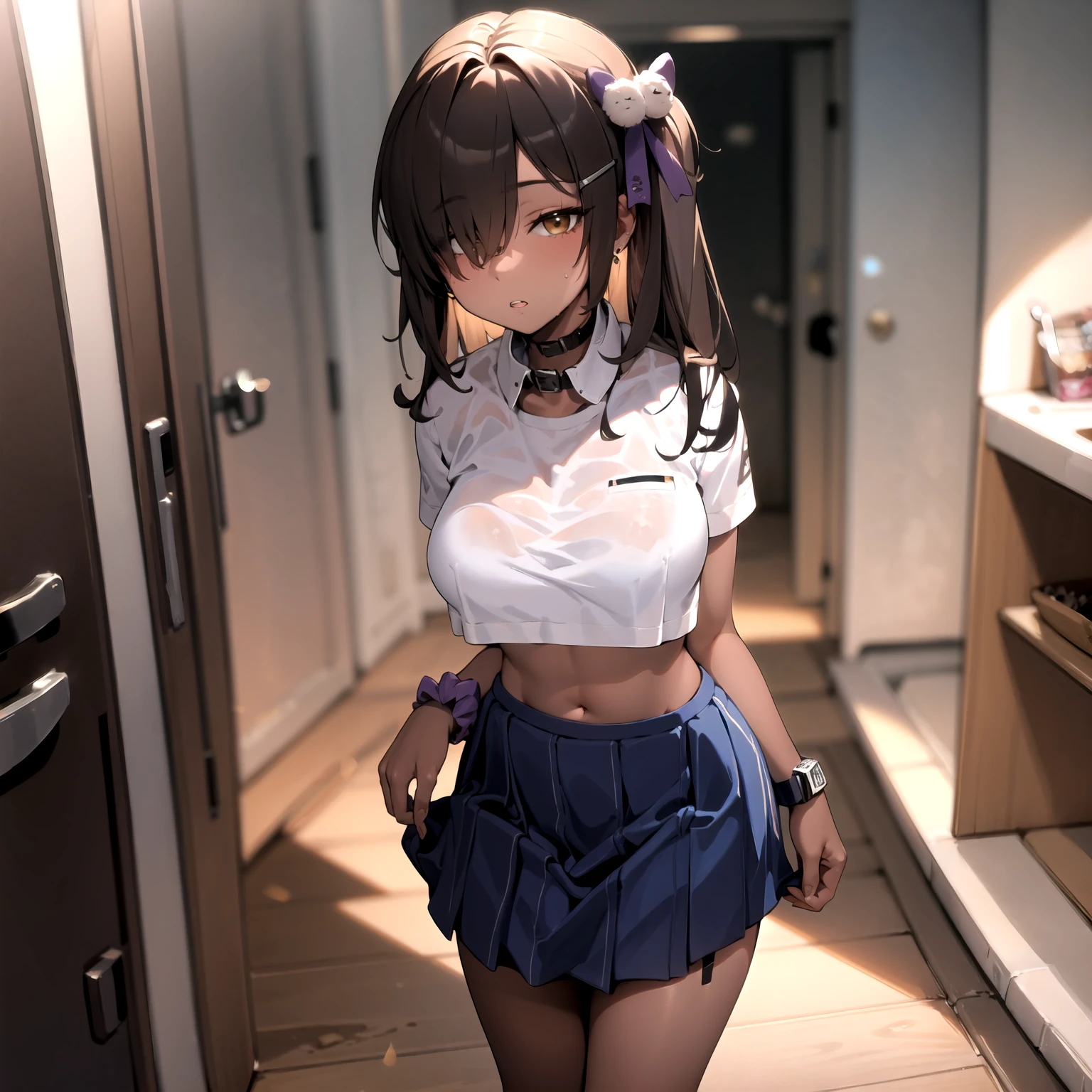 ((上半身がセーラー服で下半身は下着姿の女性はSchool corridorをセクシーに歩いている:1.4), ((highest quality)), (Super detailed), (Very detailed CG 統合 8k 壁紙), Very detailed, High resolution raw color photos, Professional photography, Brown Hair, Side Ponytail, Great face and eyes, Beautiful and large breasts, Slender body, (Stunningly beautiful woman), (Beautifully detailed eyes:1.3), (Detailed face:1.2),(School corridor, Many students wearing sailor uniforms are walking down the hallway., School corridorには窓がある:1.3) , (Stylish lingerie with a white base and black lace decoration), ((Stylish white satin side-tie panties with lavish embellishments), (White panties with black lace)), garter belt, Knee socks, Exact number of arms, Exact number of legs, Perfect Anatomy, (Embarrassed expression, Surprised expression), Angle from the front
