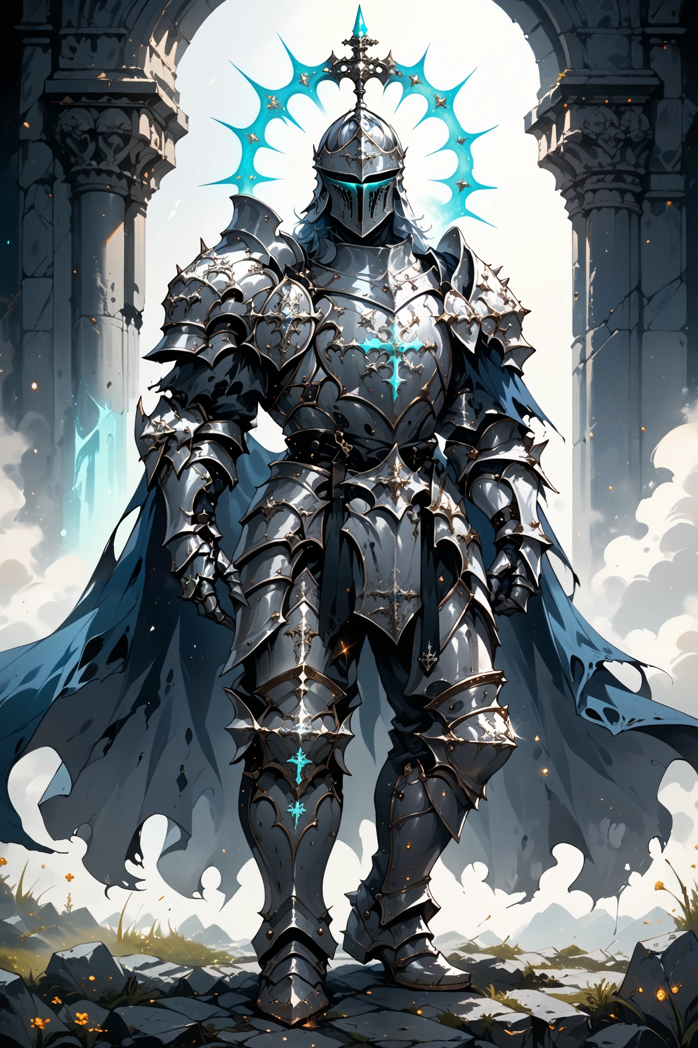 score_9, score_8_up, score_7_up, score_6_up, score_5_up, score_4_up, arm0rs3nt1n3l, full body shot, solo, 1boy, silver gothic armor, blue cape, torn cape, silver knight armor, gothic helmet, male focus, blue glow, glow particles, medieval fantasy, dark fantasy, torn chestplate, full armor, silver armor, boots, pants, shoulder armor, templar, temple background, plated armor, spiked armor, curved plates, high definition, cinematic illustration, stylized cartoon
