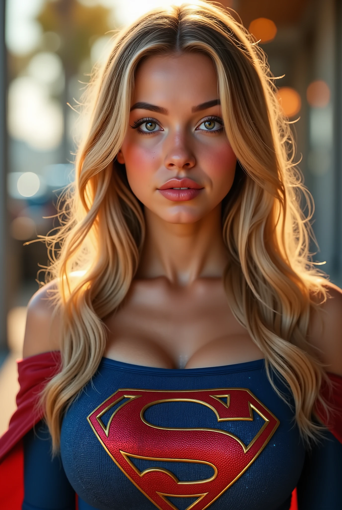 a beautiful girl with long blonde hair, detailed blue eyes, nose, and lips,WEARING A ALTERATIVE STYLE SUPERGIRL COSTUME, CAPE AND BOOTS (best quality,4k,8k,highres,masterpiece:1.2),ultra-detailed,(realistic,photorealistic,photo-realistic:1.37),HDR,studio lighting,extremely detailed face and body, portrait,cinematic lighting,dramatic lighting,warm color tones,dramatic colors. PERFECT SKIN, PERFECT BLUE EYES, MILLIONS OF DETAILS, 8K. COMPLETE BODY VIEW.