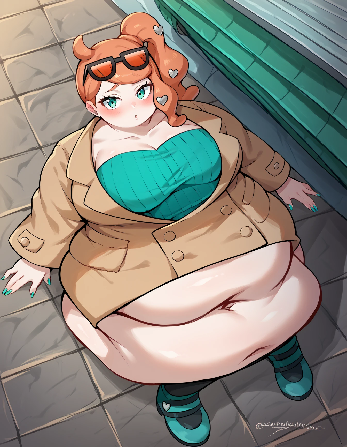 (masterpiece, best quality, highly detailed), 1girls, big belly, huge belly, art by kipteitei, round belly, chubby, curvy, belly grab, enormous belly, fat belly, thicc, bigger belly, really big belly, jiggly belly, glasses, unzipped jacket, (no shirt), bra, thight shorts, high heels, smug face ((full body)), long hair, ((dominant)), giantess, Flandre scarlet