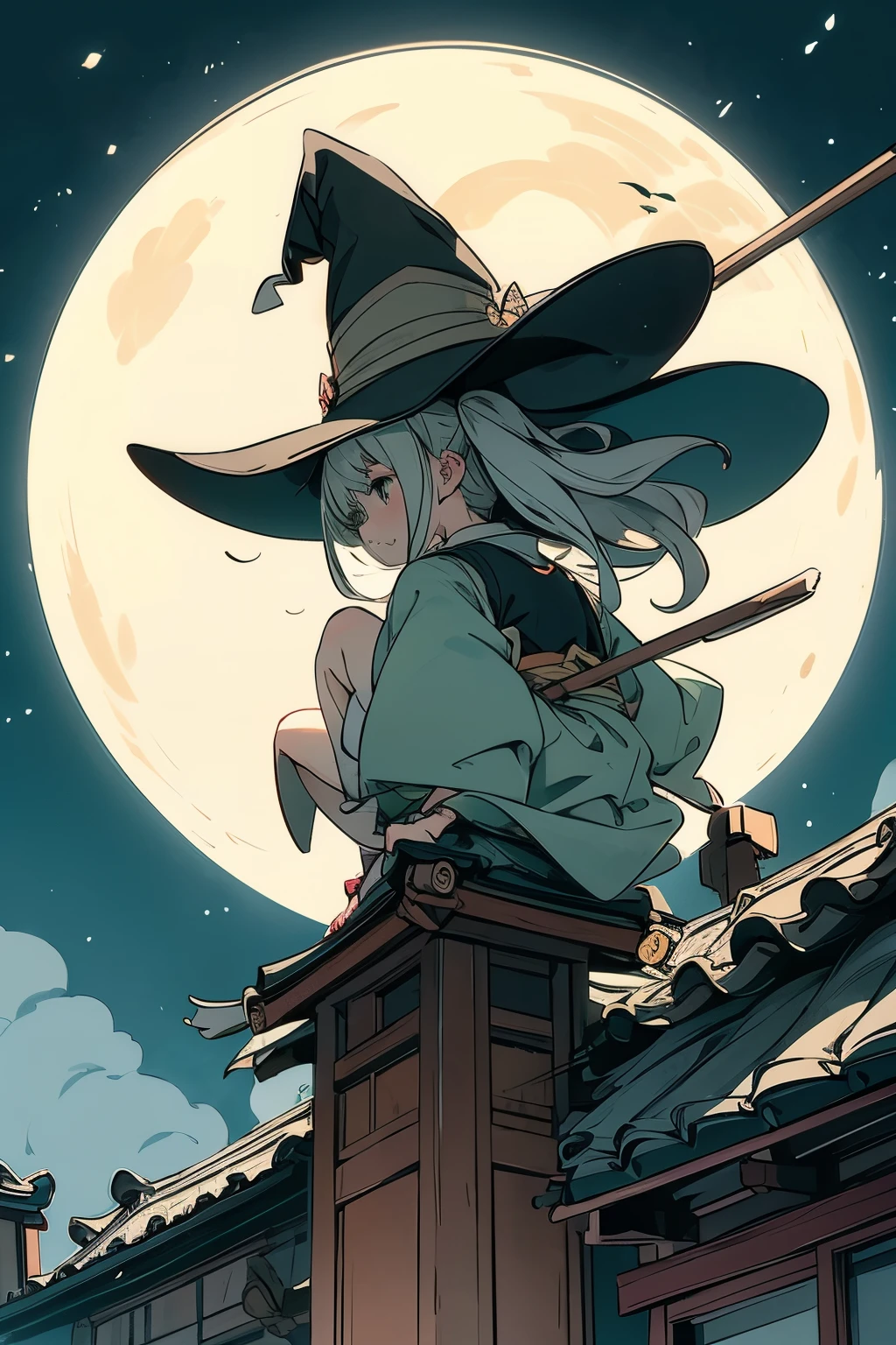 Translucent Illustration 、 Japanese anime style illustration 、 Small Shadows Seen in the Distance 、 Shadow of a Little Witch Straddling a Broom Can Be Seen in the Distance 、green、 Dynamic Angle 、 is amazing、 Highest precision、 top quality 、 fantasy、Effective Production 、 Full Moon Seen in the Distance 、 Seaside Town Sky at Night 、 Horizontal Line、movie、 artistic、delicate、sentimental、 highlights 、 Contrast