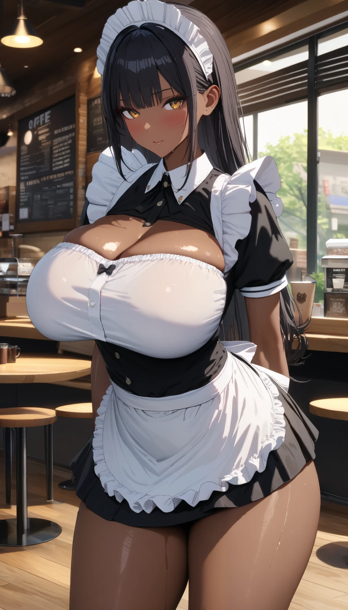 (masterpiece, best quality, highres, detailed, realistic:1.2), young japanese woman, maid, taking orders, (gigantic breasts:1.8), (bursting breasts), (detailed face, beautiful face), (annoyed expression:1.2), maid outfit, blushing, annoyed, (skinny:1.2), busy maid cafe, fringe, holding trays