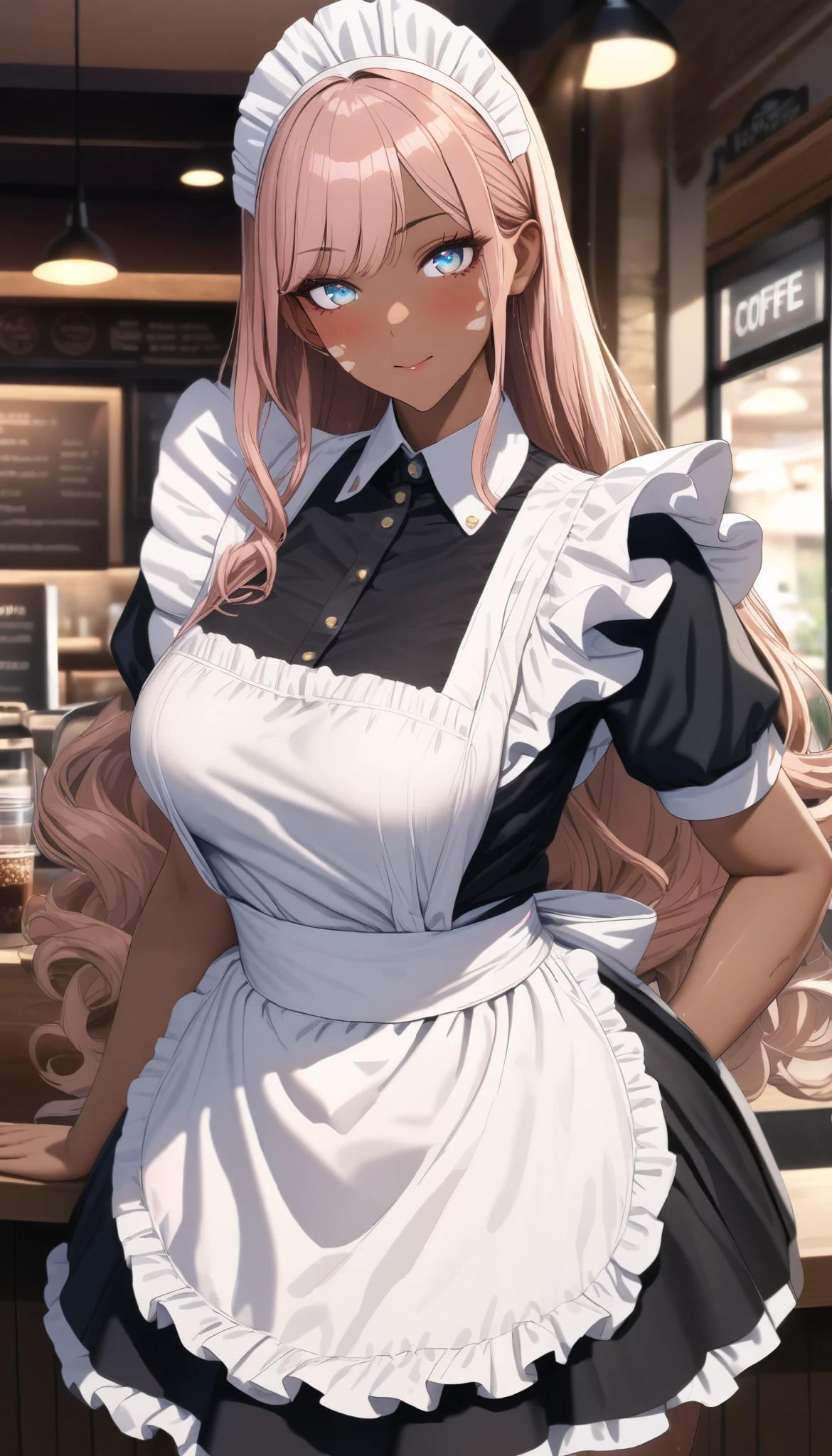 A Female Maid, SOLO,Dark skin,Shiny skin,Maid dress,Coffee shop,Open pose, UHD, anatomically correct, masterpiece, textured skin, high details, highres, 1080P, 16k, accurate, Beautiful face, Perfect face, Highly detailed beautiful face and eyes, Attractive face, Detailed face, Delicate facial features, Detailed skin,Cowboy shot