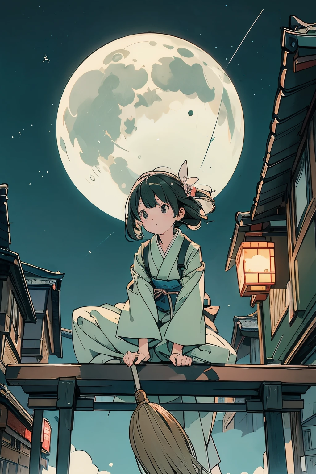 Translucent Illustration 、 Impatient Japanese anime-style illustration 、 Small Shadows Seen in the Distance 、 The shadow of a little witch straddling a broom can be seen in the distance 、green、 dynamic angle 、 amazing、 Highest precision、 TOP QUALITY 、 fantasy、Effective Production 、 Full Moon Seen in the Distance 、 Night sky in a seaside town 、 Horizontal Line、movie、 artistic、delicate、sentimental、 highlights 、 Contrast