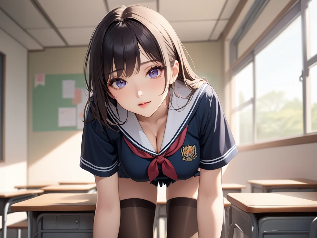 ultra-detailed,best quality,masterpiece,ultra-detailed,high resolution,extremely detailed CG,perfect ???????,detailed,cinematic lighting,beautiful detailed eyes,ultra high res,1girl,(18 years old:1.4),gleaming skin,oil skin,sweat,humid,trembling,strong light coming in,spot lighting,bright,clothed,(school uniform:1.2),knee-socks,